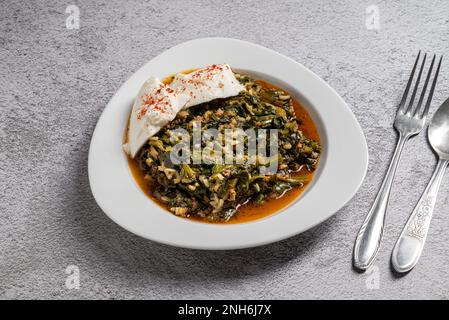 Traditionelles türkisches Spinatgericht mit Reis und Hackfleisch mit Joghurt auf einem weißen Porzellanteller Stockfoto