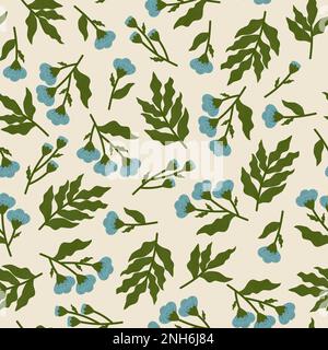 Nahtloses Muster mit isolierten, handgezeichneten blauen Blumen und grünen Blättern. Tropische Pflanzen auf hellem Hintergrund Stockfoto