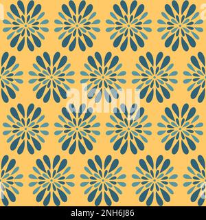 Abstraktes flaches, nahtloses geometrisches Muster. Abstrakte Blütenform in Blau und Gelb. Klassischer Aufdruck, der sich hervorragend für Textilien und zum Verpacken eignet Stockfoto