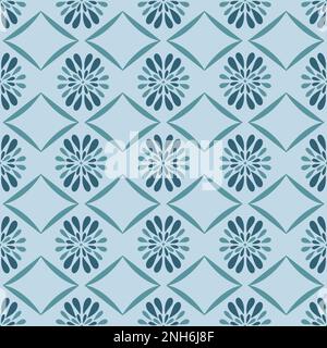 Nahtloses Muster mit geometrischen Motiven in blauen Farbtönen auf hellblauem Hintergrund. ROMB und abstrakte Symmetrieblüten. Toll für Leinenbekleidung, Batik Stockfoto