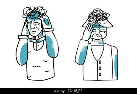 Gestresster alter Mann und Frau, Hände am Kopf, geschlossene Augen. Stressstimmung von Großvater und Großmutter, Linienkunst, halbkörpergezeichnete Sketc Stock Vektor