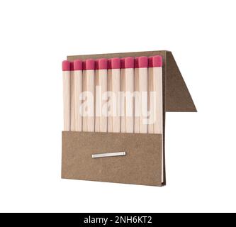 Ein offenes Buch mit Streichhölzern aus Holz mit pinkfarbenen Spitzen in einem generischen weißen, markenlosen Pappbuch auf einem isolierten Hintergrund – 3D-Rendering Stockfoto