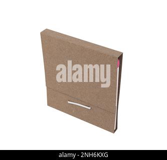 Ein geschlossenes Buch mit Streichhölzern aus Holz mit pinkfarbenen Spitzen in einem generischen weißen, markenlosen Pappbuch auf einem isolierten Hintergrund - 3D-Rendering Stockfoto
