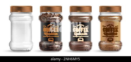 Glasbecher mit arabica- und Robusta-Kaffeebohnen, granuliert und sofort realistisch, isolierte Vektordarstellung Stock Vektor