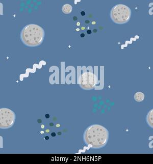 Von Hand gezeichnete Raumelemente nahtloses Muster. Weltraumhintergrund. Weltraum-Doodle-Illustration. Vektordarstellung. Nahtloses Muster mit Cartoon Space Rock Stock Vektor