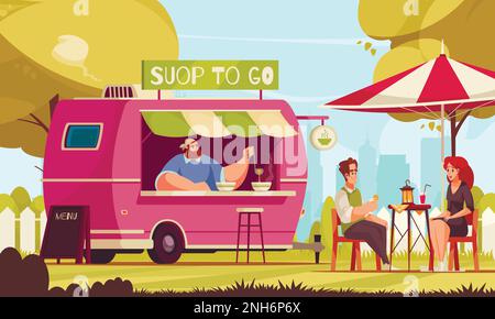 Kleiner Businesshintergrund mit Besitzer eines Straßencafés, der Besucher von einem Food Truck-Vektorbild bedient Stock Vektor