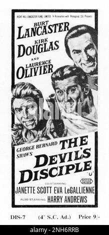 BURT LANCASTER KIRK DOUGLAS und LAURENCE OLIVIER in TEUFELS SCHÜLER 1959 Regisseur GUY HAMILTON und (ohne Kredit) ALEXANDER MACKENDRICK In dem Stück von George Bernard Shaw Drehbuch John Dighton und Roland Kibbee Musik Richard Rodney Bennett, Koproduktions-Co-Executive Großbritannien-USA Produzenten Kirk Douglas und Burt Lancaster Hecht-Hill-Lancaster Productions / Brynaprod / United Artists Stockfoto