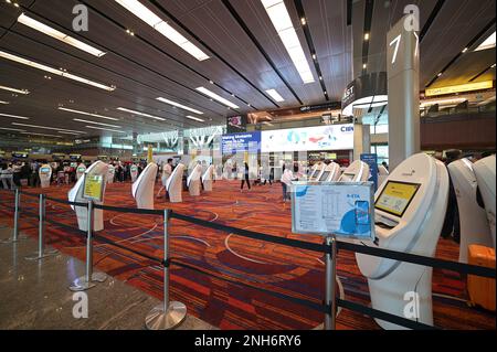 Automatisierte Selbstbedienungskioske in der Abflughalle von Terminal 1, Flughafen Singapur Changi, Februar 2023 Stockfoto