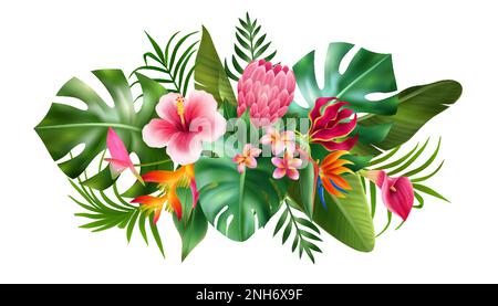 Realistische exotische Blütenzusammensetzung Bouquet oder Zusammensetzung von Blumen und grünen Blättern Vektordarstellung Stock Vektor