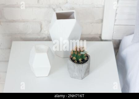 Eine Zimmerpflanze aus der Kaktusfamilie, in einer grauen Vase gepflanzt, liegt auf einem Nachttisch neben einem Kerzenhalter und einer Vase. Diese Artikel lassen sich gut kombinieren w Stockfoto