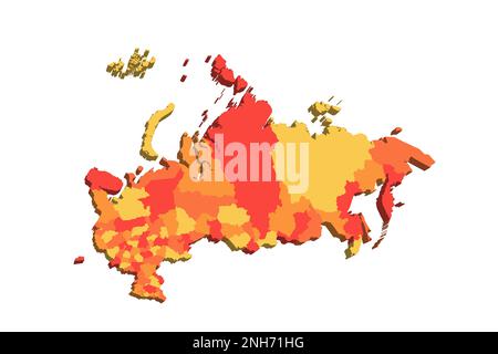 Russische politische Karte der Verwaltungseinheiten - Oblasten, Republiken, autonome Okrugs, Krais, autonome Oblast und 2 Bundesstädte Moskau und Sankt Petersburg. 3D-Karte in orangefarbenen Farbtönen. Stock Vektor