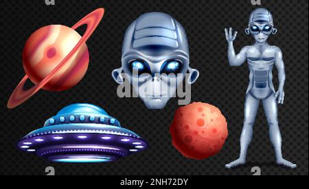 Alien-ufo auf transparenten Hintergrund gesetzt realistische isolierte Vektordarstellung Stock Vektor