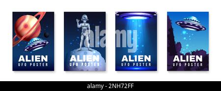 Alien-ufo-Poster mit Weltraumsymbolen realistische, isolierte Vektordarstellung Stock Vektor