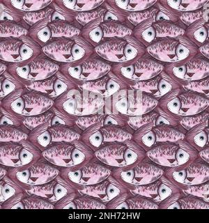 Nahtloses Aquarellmuster mit lila und pinkfarbenen Seefischen, farbiger Hintergrund Viva Magenta. Er eignet sich zum Drucken, Verpacken, Geschirr und für Postkarten Stockfoto
