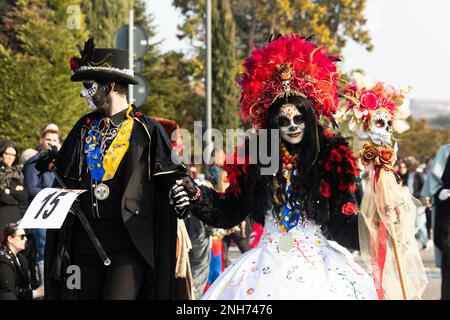 Königliches Piratenkostüm mit Totenkopfakzenten für die Karnevalsfeier Stockfoto