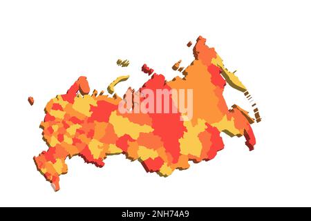 Russische politische Karte der Verwaltungseinheiten - Oblasten, Republiken, autonome Okrugs, Krais, autonome Oblast und 2 Bundesstädte Moskau und Sankt Petersburg. 3D-Karte in orangefarbenen Farbtönen. Stock Vektor
