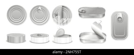 Realistisches Set mit offenen und geschlossenen Aluminiumdosen mit unterschiedlicher Form, isolierte Vektordarstellung von der Seite und von oben Stock Vektor