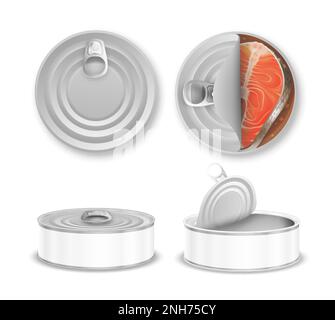 Realistische leere Aluminium-Blechdosen mit Ober- und Seitenansicht mit Fischkonserven isoliert auf weißem Hintergrund Vektordarstellung Stock Vektor