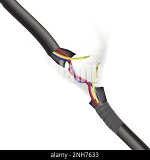 Realistische beschädigte Kabel mit elektrischen Funken auf weißem Hintergrund, Vektordarstellung Stock Vektor