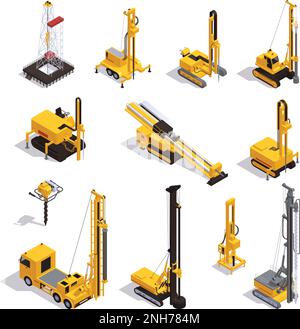 Isometrischer Satz verschiedener Maschinentypen für das Brunnenbohren, isoliert vor weißem Hintergrund, 3D-Vektordarstellung Stock Vektor
