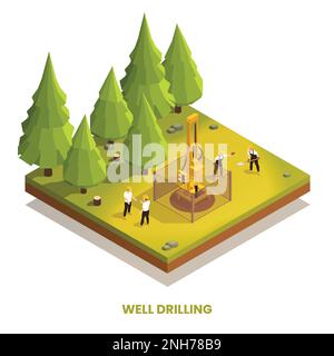 Bohrlochbohrungen in Waldzusammensetzung mit isometrischer 3D-Vektordarstellung von Maschinen und Arbeitern Stock Vektor