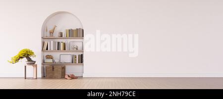 Modell, leeres weißes Wohnzimmer, Innendesign mit Bücherregal in der Wand 3D-Rendering Stockfoto