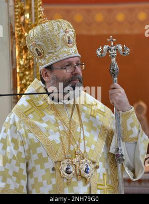 Chortkiv - Ternopil - Ukraine - 4. Februar 2023. Der Leiter der UGCC, sein Beatitude Patriarch Sviatoslaw, besuchte die Kathedrale in Chortko Stockfoto