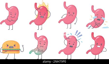 Menschliches Organset isolierter Cartoon-Charaktere des gesunden und kranken Magens mit Mad-Burger-Vektordarstellung Stock Vektor