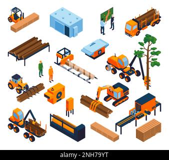 Symbole für isometrische Sägewerk- und Holzfällermaschinen dienen zur Darstellung isolierter Vektoren Stock Vektor