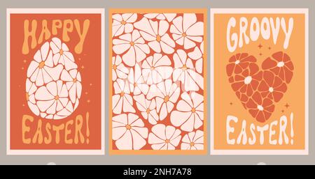 Kollektion Retro-Oster-Poster. Osterei und Herz aus Gänseblümchen. Vector Illustration Retro groovy pattern with handgezeichnete Gänseblümchen. Aest Stock Vektor