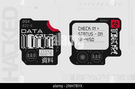 Cyberpunk-Aufkleber. Vektoraufkleber, Etikett im futuristischen Stil. Zeichen, Aufschriften und Symbole des GGB. Stock Vektor