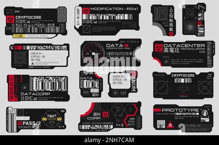 Cyberpunk-Aufkleber. Vektoraufkleber, Etikett im futuristischen Stil. Zeichen, Aufschriften und Symbole des GGB. Stock Vektor
