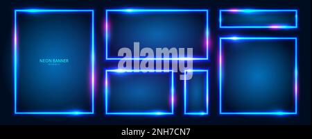 Ein Satz rechteckiger Neonrahmen mit leuchtenden Effekten, Lichtern und Inschriften auf dunklem Hintergrund. Stock Vektor