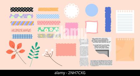 Scrapbooking-Elemente isoliert. Vektorsatz von Entwurfsobjekten für das Erstellen. Journaling-Hobby. Sammlung leerer Papierscheine, Zeitungsausschnitt Stock Vektor