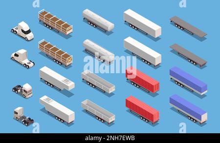 Isometrische Symbole mit farbigen, isolierten Frachtanhängern und Lkws auf blauem Hintergrund, 3D-Vektordarstellung Stock Vektor