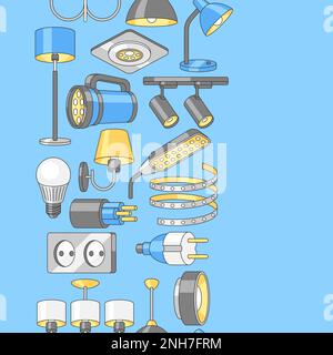 Nahtloses Muster mit elektrischen Leuchten und Lampen. Elektrische Ausrüstung. Industrie- oder Geschäftsdesign. Stock Vektor