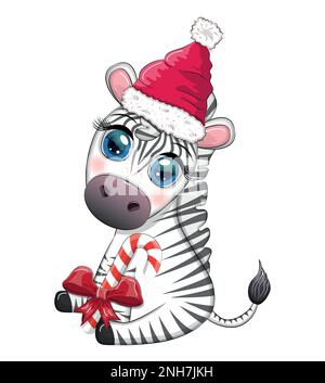 Süßes Zebra in rotem weihnachtsmannmütze mit weihnachtsball, Bonbon kane, Geschenk. Tierfreunde Zeichentrickfigur. Stock Vektor