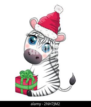 Süßes Zebra in rotem weihnachtsmannmütze mit weihnachtsball, Bonbon kane, Geschenk. Tierfreunde Zeichentrickfigur. Stock Vektor