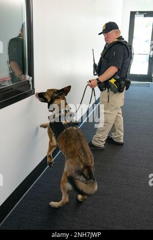 Tim McKenna, ein Sprengstoffdetektor-K-9-Handler beim Federal Protective Service, arbeitet mit seinem Hund Misa, einem belgischen Malinois, Während sie fortlaufende Übungen durchführen, um potenzielle Bedrohungen zu bewerten, um die Sicherheit der Teilnehmer und Beobachter bei den Meisterschaften am Hayward Field an der University of Oregon in Eugene, Oregon, 21. Juli 2022, zu gewährleisten. Die Weltmeisterschaft fand vom 15. Bis 24. Juli 2022 statt und war das erste Mal, dass sie in den USA stattfand. (Foto der Nationalgarde von John Hughel, Oregon Military Department Public Affairs) Stockfoto