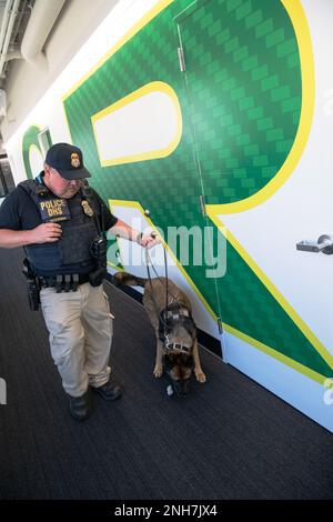 Tim McKenna, ein Sprengstoffdetektor-K-9-Handler beim Federal Protective Service, arbeitet mit seinem Hund Misa, einem belgischen Malinois, Während sie fortlaufende Übungen durchführen, um potenzielle Bedrohungen zu bewerten, um die Sicherheit der Teilnehmer und Beobachter bei den Meisterschaften am Hayward Field an der University of Oregon in Eugene, Oregon, 21. Juli 2022, zu gewährleisten. Die Weltmeisterschaft fand vom 15. Bis 24. Juli 2022 statt und war das erste Mal, dass sie in den USA stattfand. (Foto der Nationalgarde von John Hughel, Oregon Military Department Public Affairs) Stockfoto