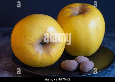 Zwei kräftige gelbe Äpfel vor dunklem Hintergrund. Stockfoto