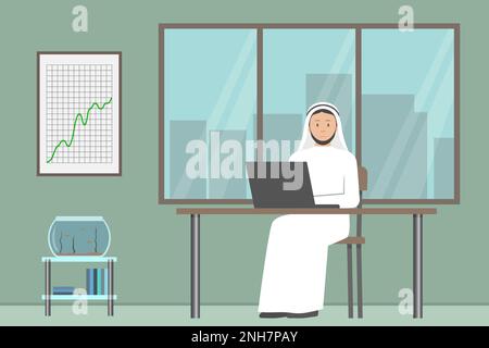 Arabischer Boss in weißer Kandura, der in seinem Büro arbeitet. Vektordarstellung. Stock Vektor