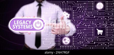 Schild, das Legacy-Systeme anzeigt. Geschäftskonzept alte Methode Technologie Computersystem oder Anwendungsprogramm Stockfoto