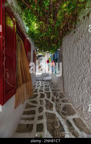 Charakteristische Gasse mit touristischen Basaren in der Altstadt von Naxos, Griechenland Stockfoto