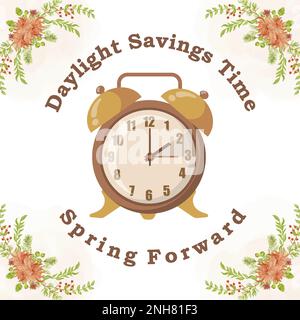 Sommerzeitkonzept. Die Uhren bewegen sich eine Stunde vorwärts. Blumenlandschaft mit Text Spring Forward, die Hand der Uhren verwandelt sich in ein Sommer-T Stock Vektor