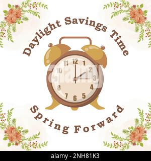 Sommerzeitkonzept. Die Uhren bewegen sich eine Stunde vorwärts. Blumenlandschaft mit Text Spring Forward, die Hand der Uhren verwandelt sich in ein Sommer-T Stock Vektor