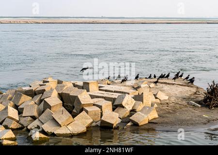 Granit ist kräftiger vor dem Fluss. Ein Stapel von vier quadratischen Betonblöcken hintereinander. Waghalsiger. Stockfoto