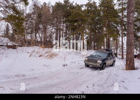 Offroad-SUV „Jeep Grand Cherokee“ in schwarzer Geländewagen fährt im Winter auf dem Schnee im Wald zwischen den Kiefern mit einer weiblichen Fahrerin. Stockfoto