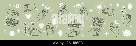 Mystische und esoterische Vektoren im trendigen minimalen linearstil. Vektor in Bo-Style-Händen und mystischen Objekten Stock Vektor