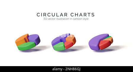 Datendarstellung von Tortendiagrammen. Satz von 3D Kreisdiagrammen. Farbenfrohe Grafikelemente für Infografiken. Vektor Stock Vektor